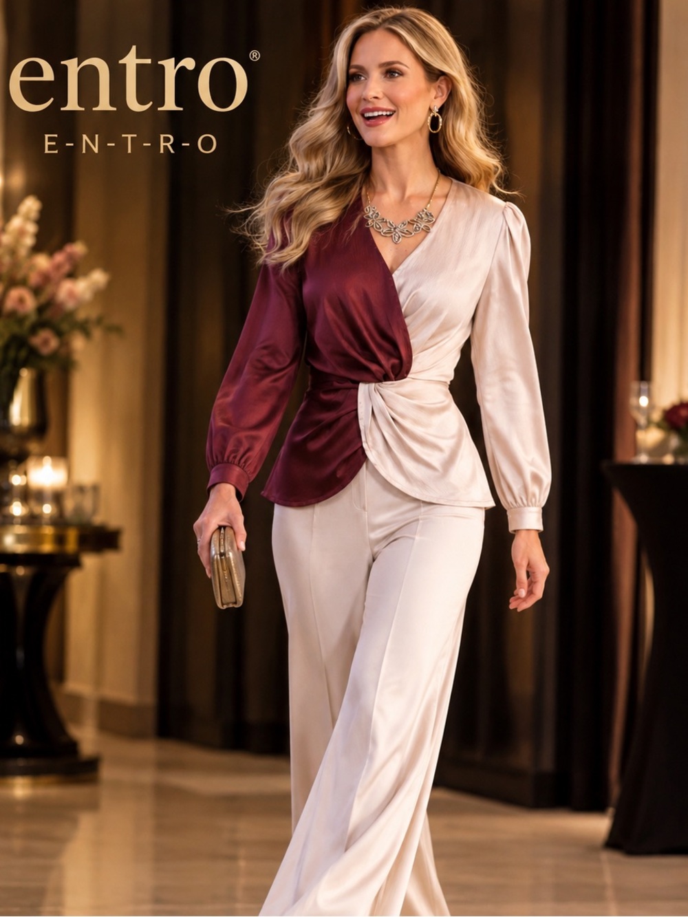 NWT,Entro,Hammered Satin Color-Block,V-Neck,Elegant,Two-Tone Blouse,Size Small